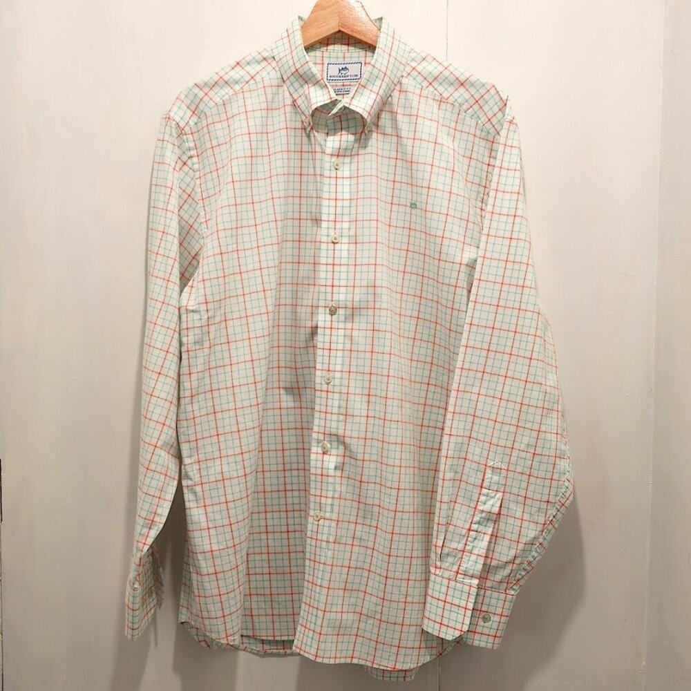 Southern Tide Men's Classic Fit Button Down‎ Dress Shirt Peach & Teal Size L
